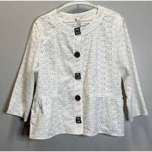 Chico's Shacket Evie SZ 3 White Eyelet‎ Lace 3/4 Sleeve Snap Buttons Lined